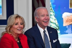 US President Joe Biden and First Lady Jill Biden speak with NORAD (North American Aerospace Defense ...