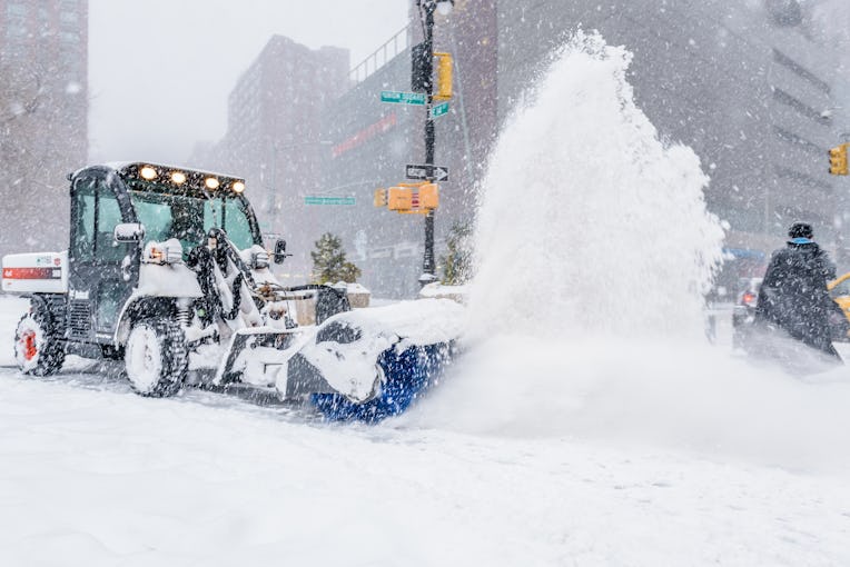UNIONSQUARE, NEW YORK, UNITED STATES - 2018/01/04: Snow ploughs at work in the streets. Bomb cyclone...