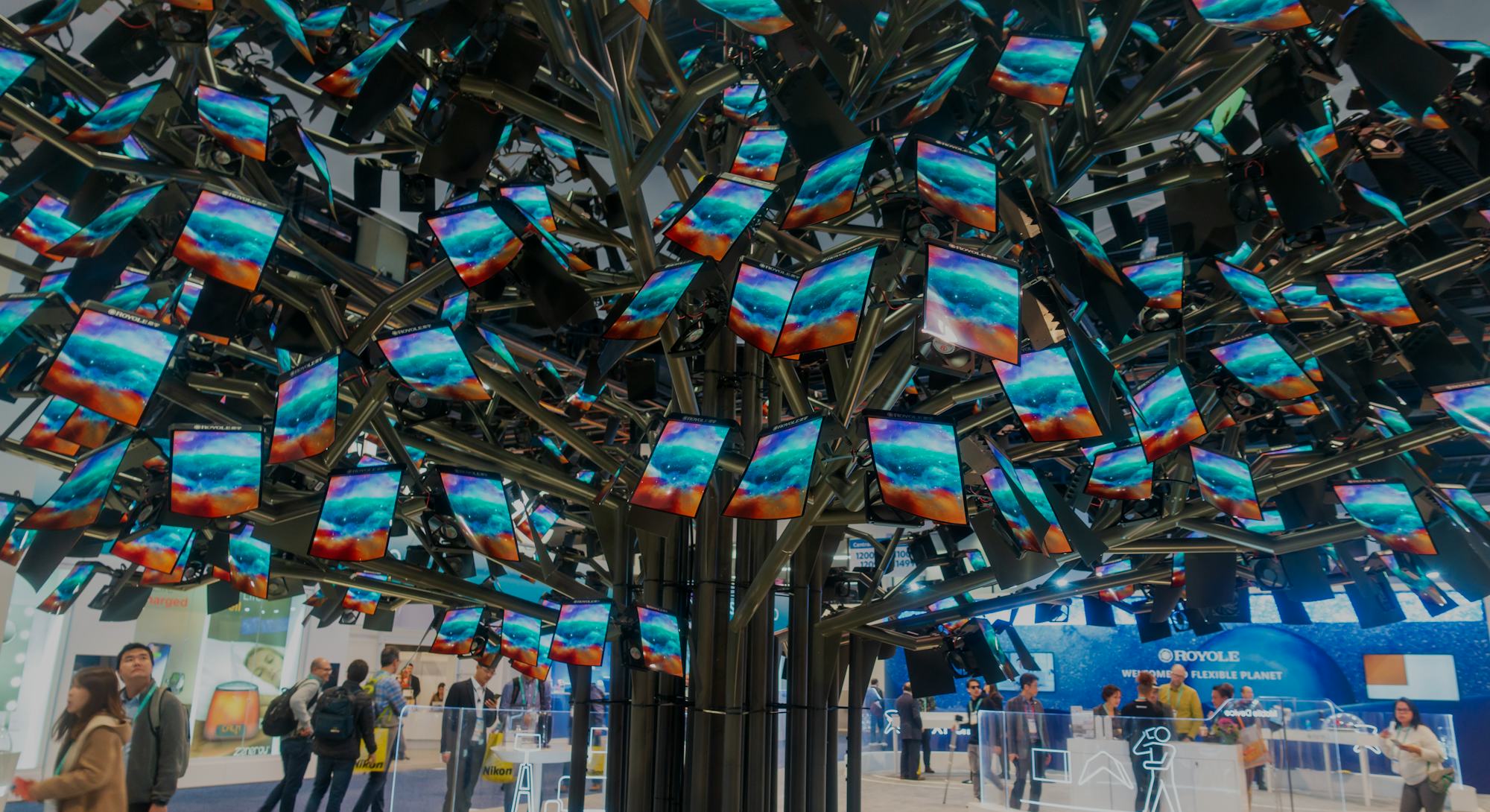 LAS VEGAS, NEVADA - JANUARY 08: A 'tree' of organic light-emitting diode (OLED) monitors is seen at ...