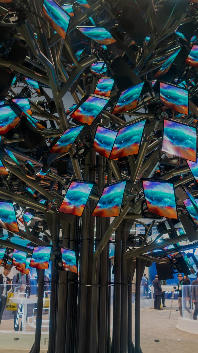 LAS VEGAS, NEVADA - JANUARY 08: A 'tree' of organic light-emitting diode (OLED) monitors is seen at ...