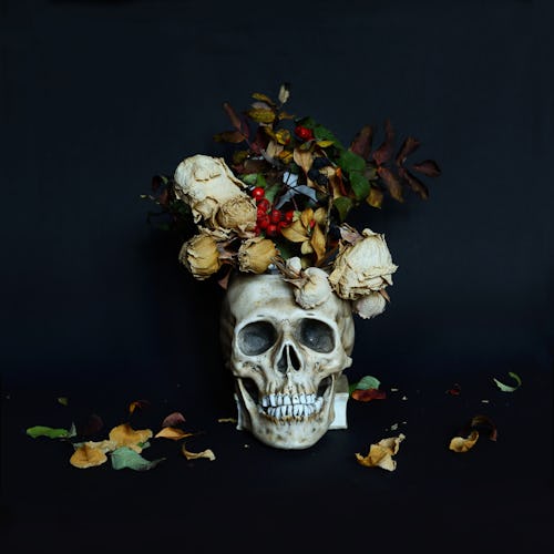 Creative floral layout with skull and roses on background. Spooky flat lay. Hellowen background