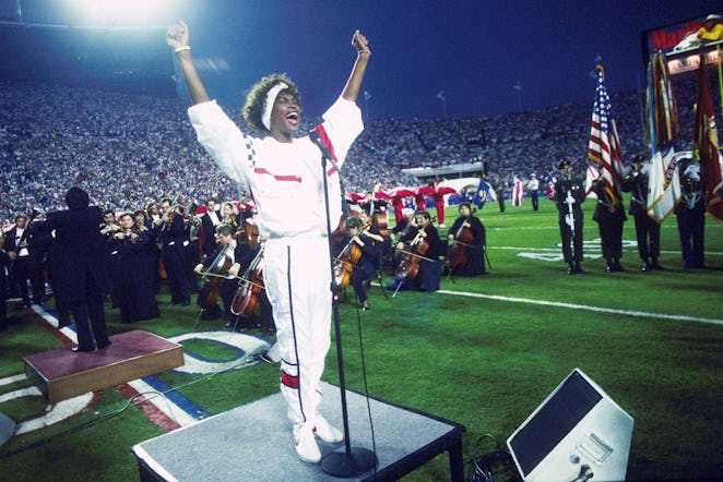 TAMPA, FL - JANUARY 27:  Whitney Houston sings the National Anthem during the pregame show at Super ...