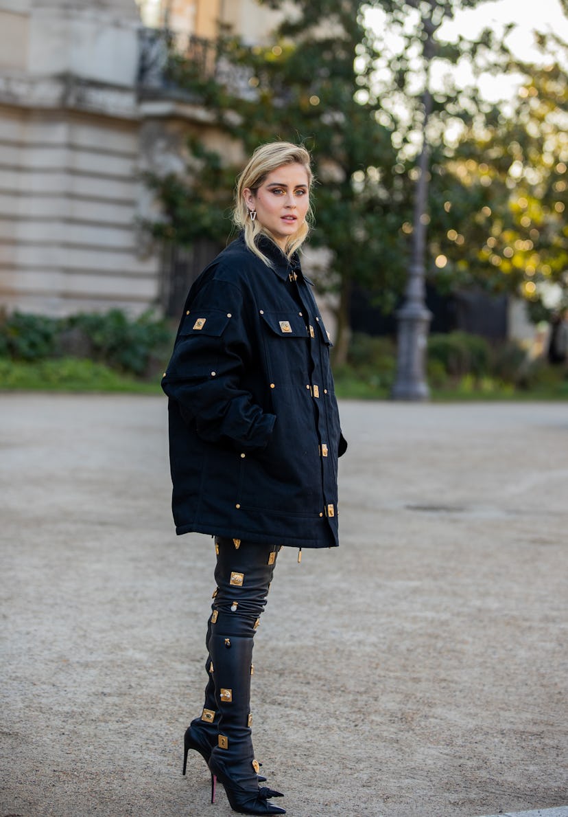 PARIS, FRANCE - JANUARY 24: Valentina Ferragni seen wearing black overknees boots, jacket outside Sc...