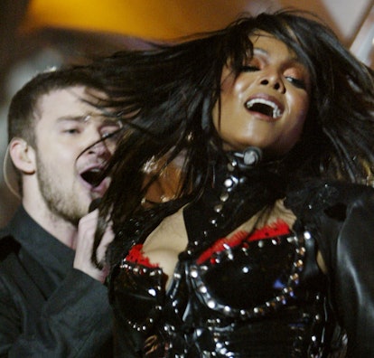 Janet Jackson and surprise guest Justin Timberlake perform during the halftime show at Super Bowl XX...