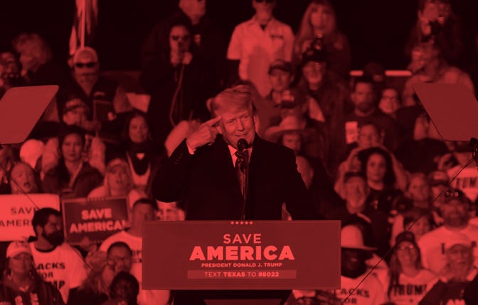 Former US President Donald Trump gestures as he speaks during a "Save America" rally in Conroe, Texa...