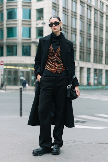 PARIS, FRANCE - JANUARY 27: A model poses after the Fendi show at the Palais Brogniart during Paris ...