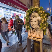 LOS ANGELES, CA - DECEMBER 31: Flowers and mementos in honor of Betty White are seen at her star on ...