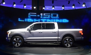 The all-electric F-150 Lightning from Ford is displayed at the Los Angeles Auto Show in Los Angeles,...