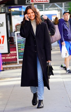 Katie Holmes wears WARDROBE.NYC black wool coat, 2019.