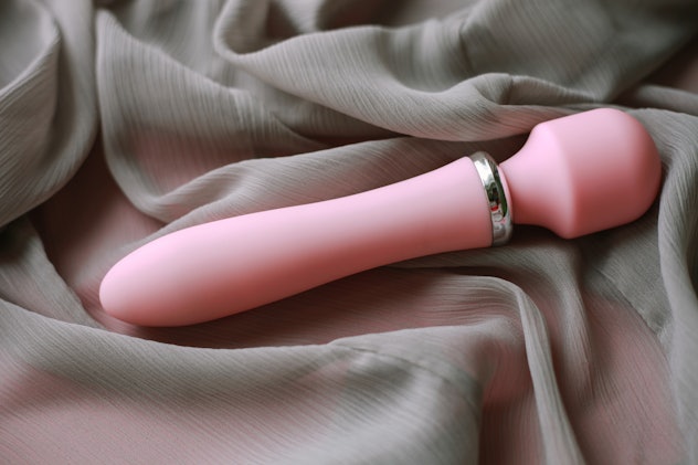 Pink sex toy vibrator for women over gray background.