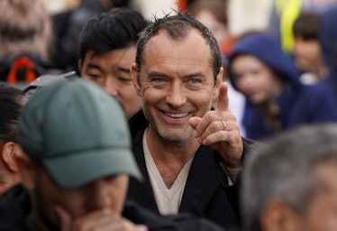Actor Jude Law attends the arrival of Little Amal, a 3.5-metre-tall puppet of a nine-year-old Syrian...