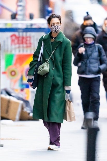 Katie Holmes in Mango green wool coat, 2022.