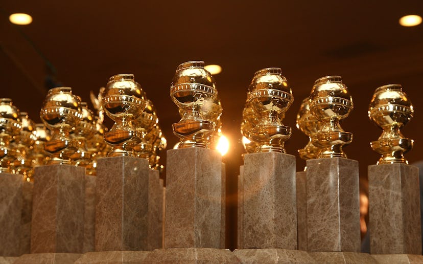 The new 2009 Golden Globe statuettes are on display during an unveiling by the Hollywood Foreign Pre...