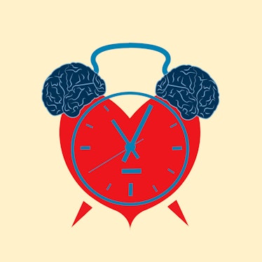 illustration of a clock in the shape of a heart with brains as an alarm