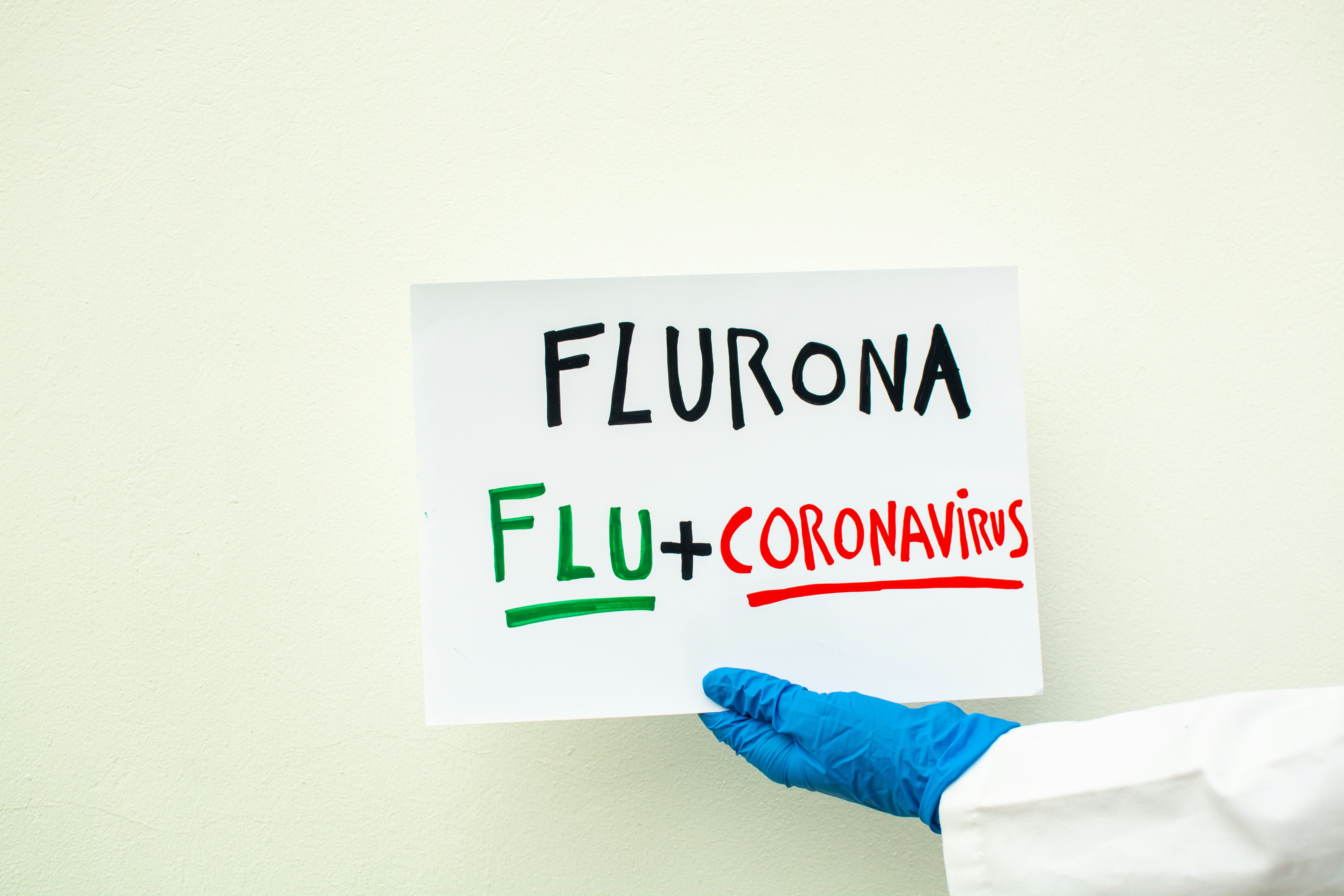 hand in lab coat and blue surgical glove holding a sign with the text fluron, coranavirus + flu, cov...