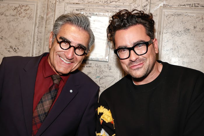 NEW YORK, NEW YORK - OCTOBER 25: Eugene Levy and Dan Levy are seen during the "Best Wishes, Warmest ...