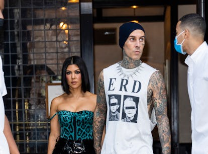 NEW YORK, NEW YORK - OCTOBER 16: Kourtney Kardashian and Travis Barker are seen on October 16, 2021 ...