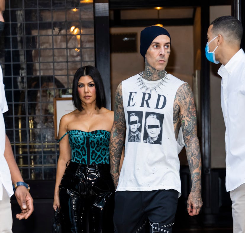NEW YORK, NEW YORK - OCTOBER 16: Kourtney Kardashian and Travis Barker are seen on October 16, 2021 ...