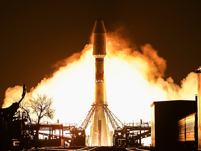 KYZYLORDA REGION, KAZAKHSTAN  DECEMBER 27, 2021: A Soyuz-2.1b rocket booster with a Fregat upper sta...