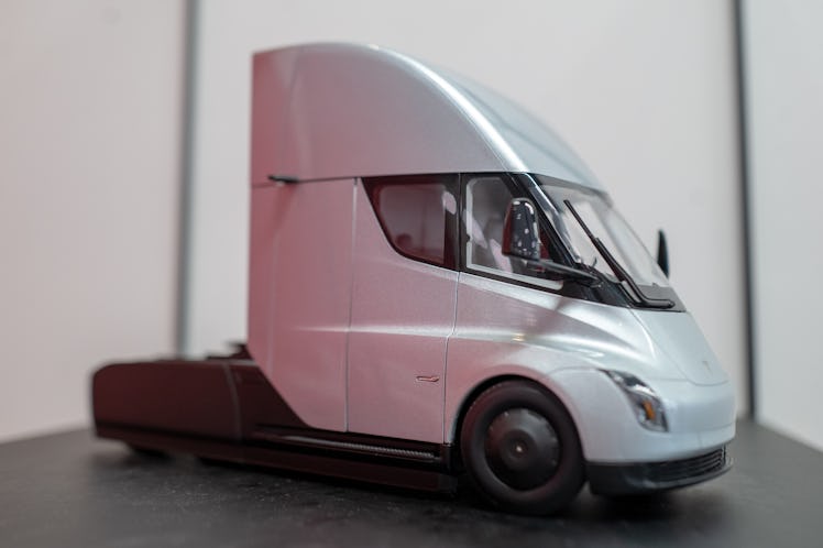 Close-up of a scale model of a Tesla Semi, an electric semi truck from Tesla Motors, on Santana Row ...