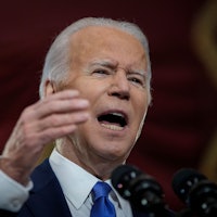 US President Joe Biden speaks at the US Capitol on January 6, 2022, to mark the anniversary of the a...