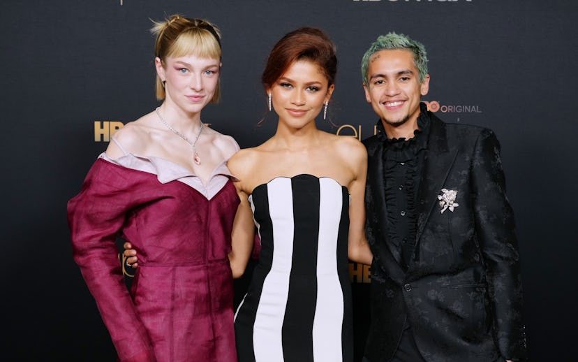 LOS ANGELES, CALIFORNIA - JANUARY 05: (L-R) Hunter Schafer, Zendaya, and Dominic Fike attend HBO's "...