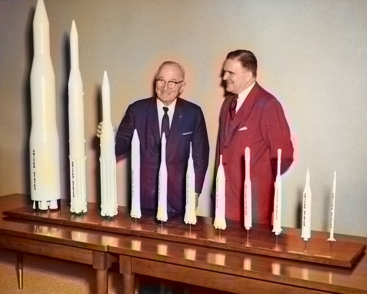 NASA Administrator James E. Webb presenting a collection of rocket models to President Harry S. Trum...