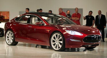The Tesla Model S sedan on display during a press conference Thursday May 20, 2010 at Tesla Motors h...
