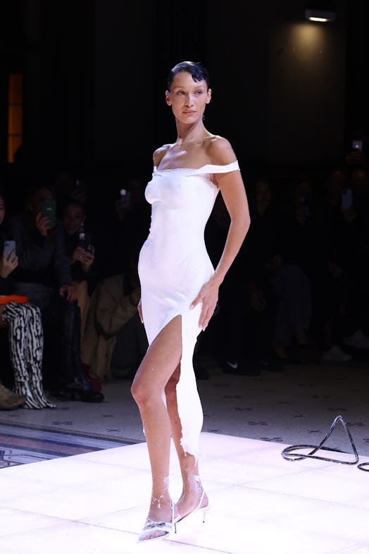 Bella Hadid wore a spray-painted dress at the 2023 Coperni runway show.