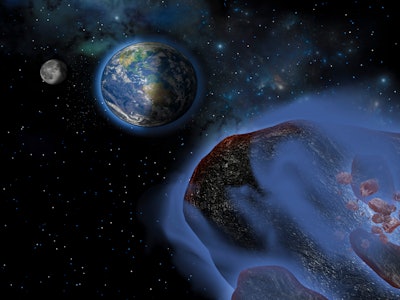 Illustration of an airplane-sized asteroid moving towards the Earth