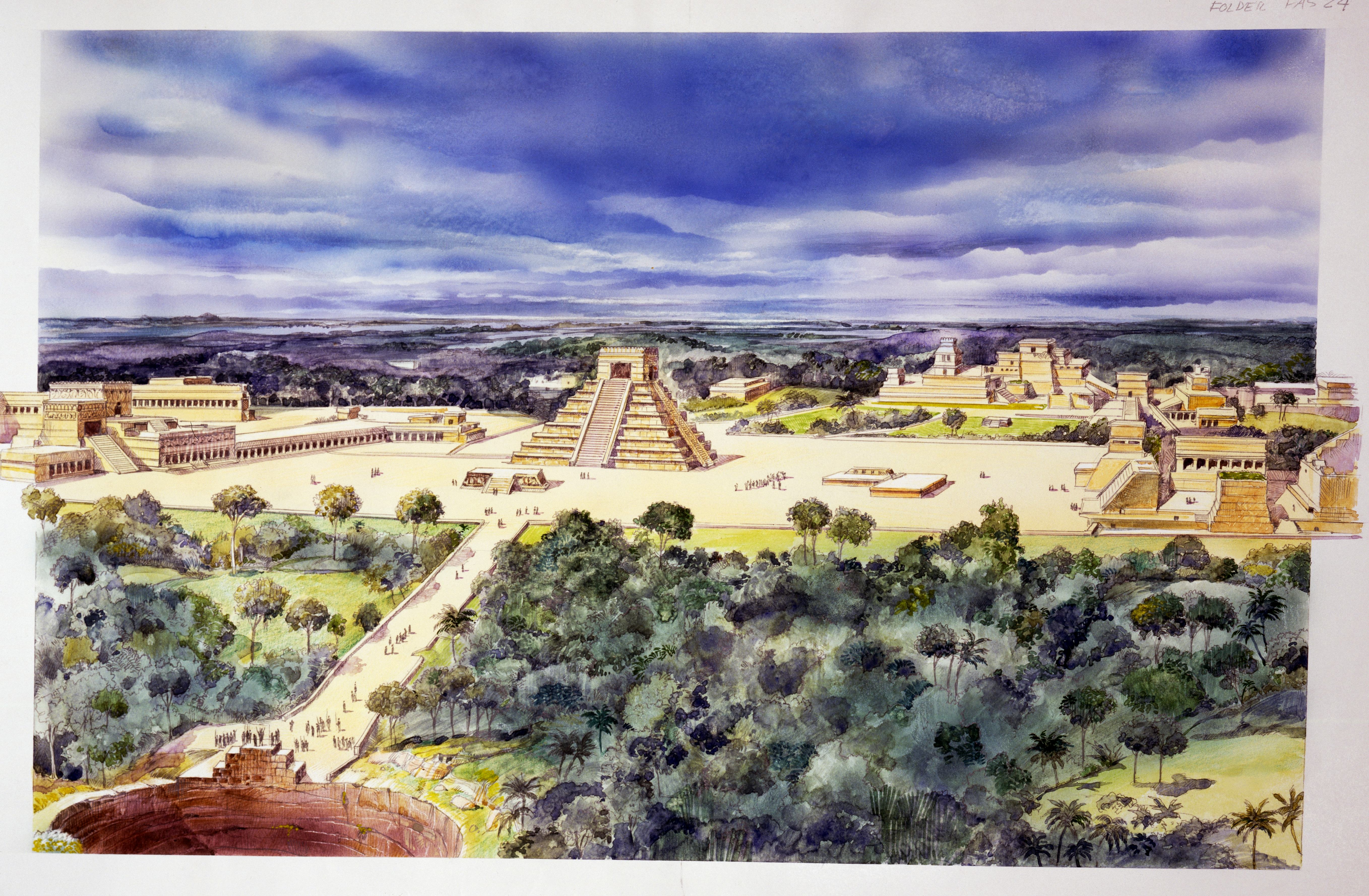 MEXICO - DECEMBER 29: The Chichen Itza complex, drawing, Mexico. Mayan civilisation, 5th century BC-...