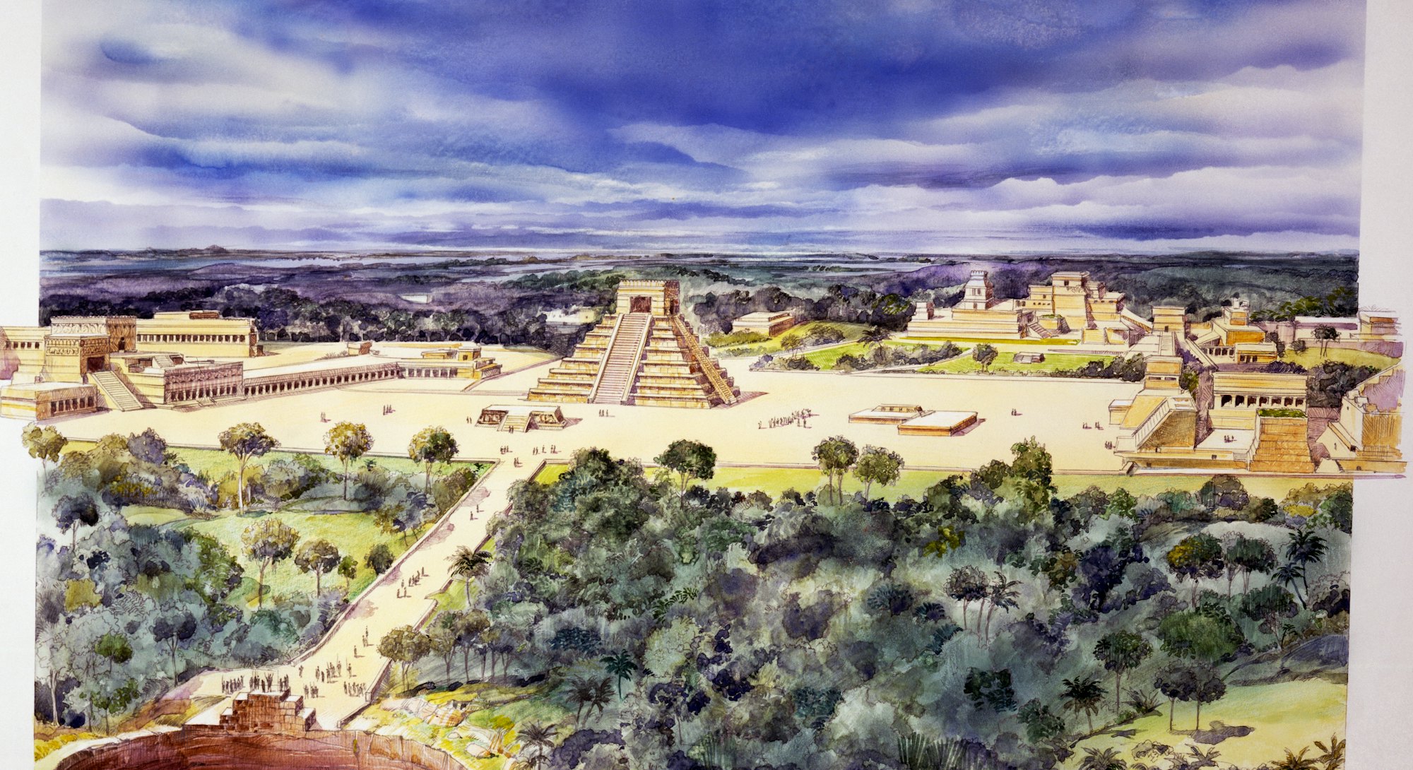 MEXICO - DECEMBER 29: The Chichen Itza complex, drawing, Mexico. Mayan civilisation, 5th century BC-...