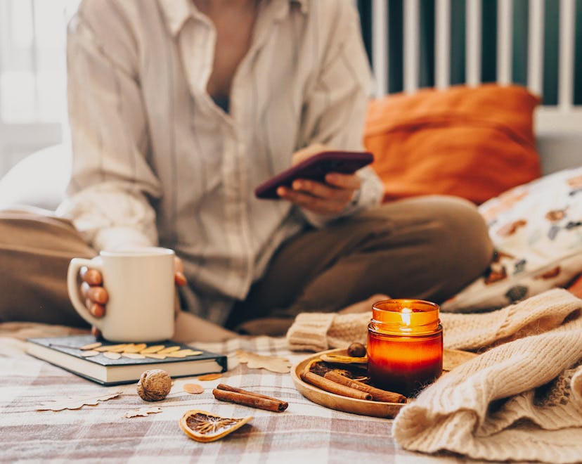 Concept of a morning routine, carefree, healthy lifestyle. Cozy autumn or winter, hygge lifestyle