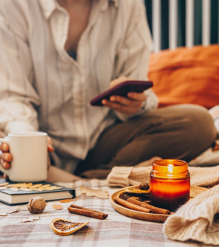 Concept of a morning routine, carefree, healthy lifestyle. Cozy autumn or winter, hygge lifestyle