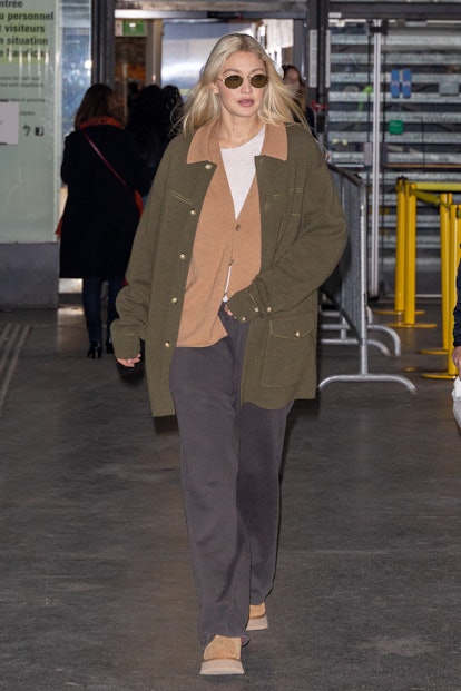 Gigi Hadid wearing a grandpacore outfit.