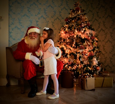 一个孩子站在圣诞老人旁边，背景是一棵圣诞树。