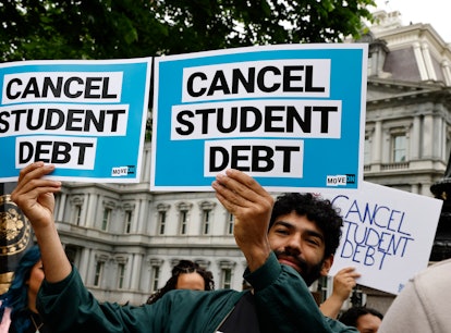 WASHINGTON, DC - MAY 12: Student loan borrowers gather near The White House to tell President Biden ...