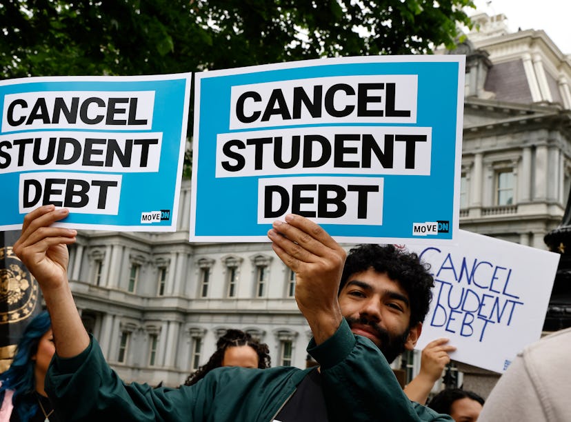 WASHINGTON, DC - MAY 12: Student loan borrowers gather near The White House to tell President Biden ...