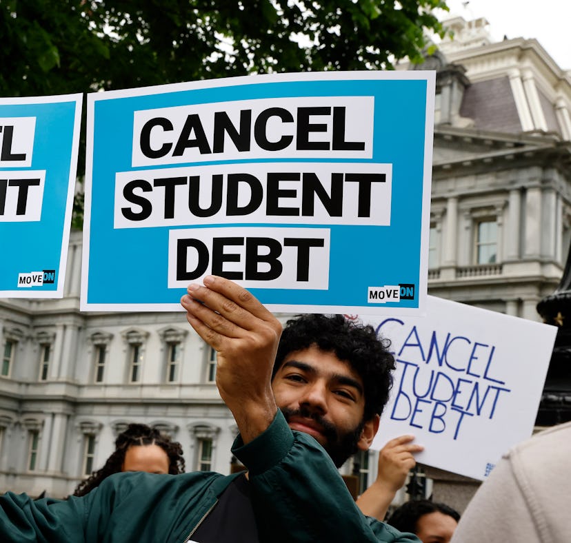 WASHINGTON, DC - MAY 12: Student loan borrowers gather near The White House to tell President Biden ...