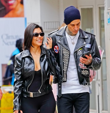 An easy Halloween costume with a leather jacket is this Kourtney Kardashian and Travis Barker Kravis...