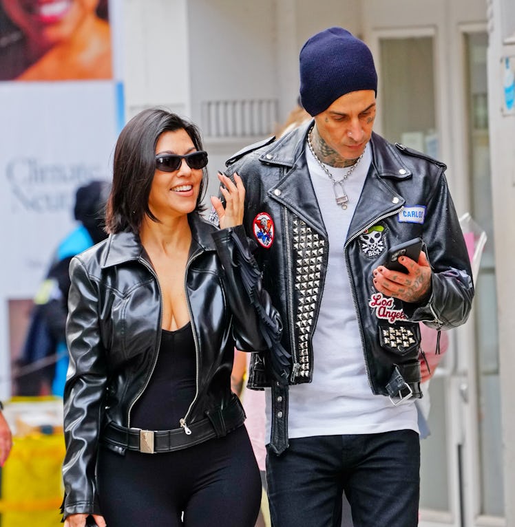 An easy Halloween costume with a leather jacket is this Kourtney Kardashian and Travis Barker Kravis...
