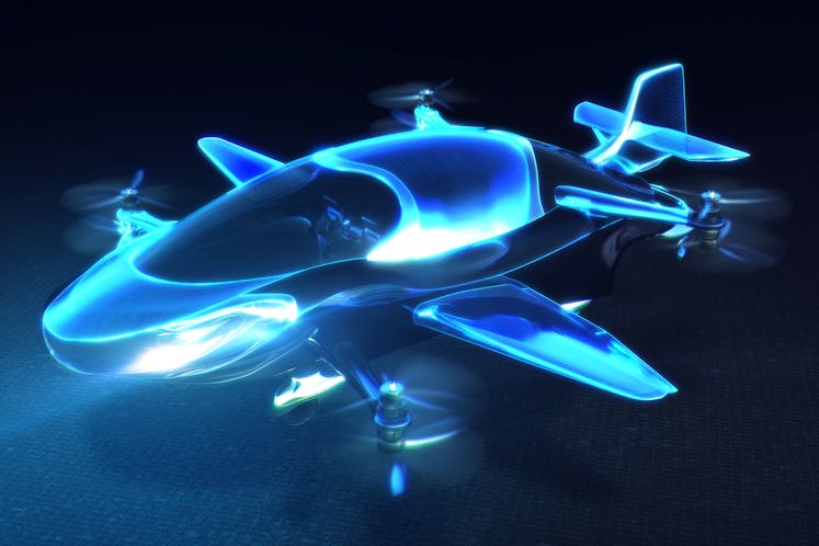 A glowing futuristic flying car with wings and propeller on black background.