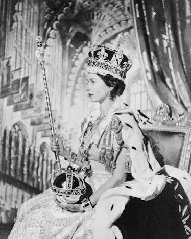 The Queen Elizabeth II of Great Britain poses on her Coronation day