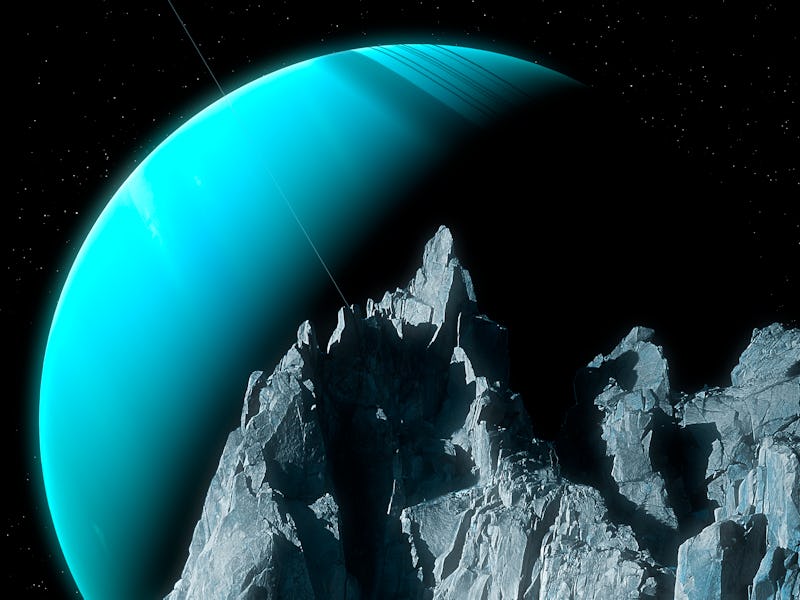 An impression of the green ice giant planet, Uranus, seen from the surface of its innermost substant...
