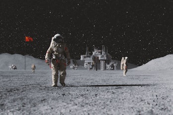 Chinese astronauts on Moon with permanent base. This is entirely 3D generated image.