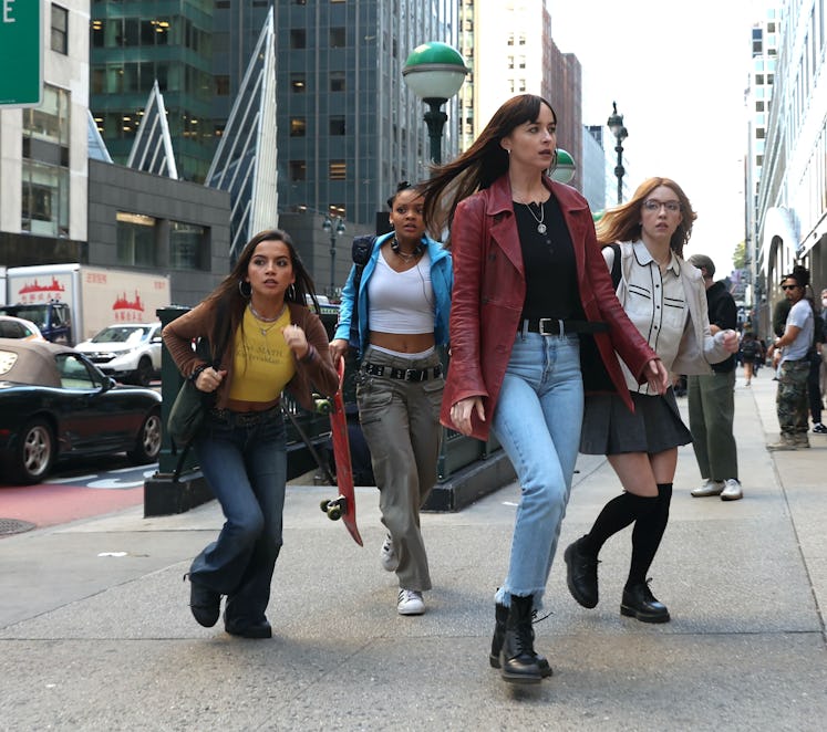 Isabela Merced, Celeste O'Connor, Dakota Johnson and  Sydney Sweeney are seen filming.