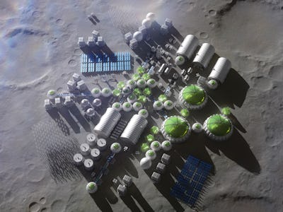 A colony on Moon with all important buildings, solar power generators and rockets landing pads.