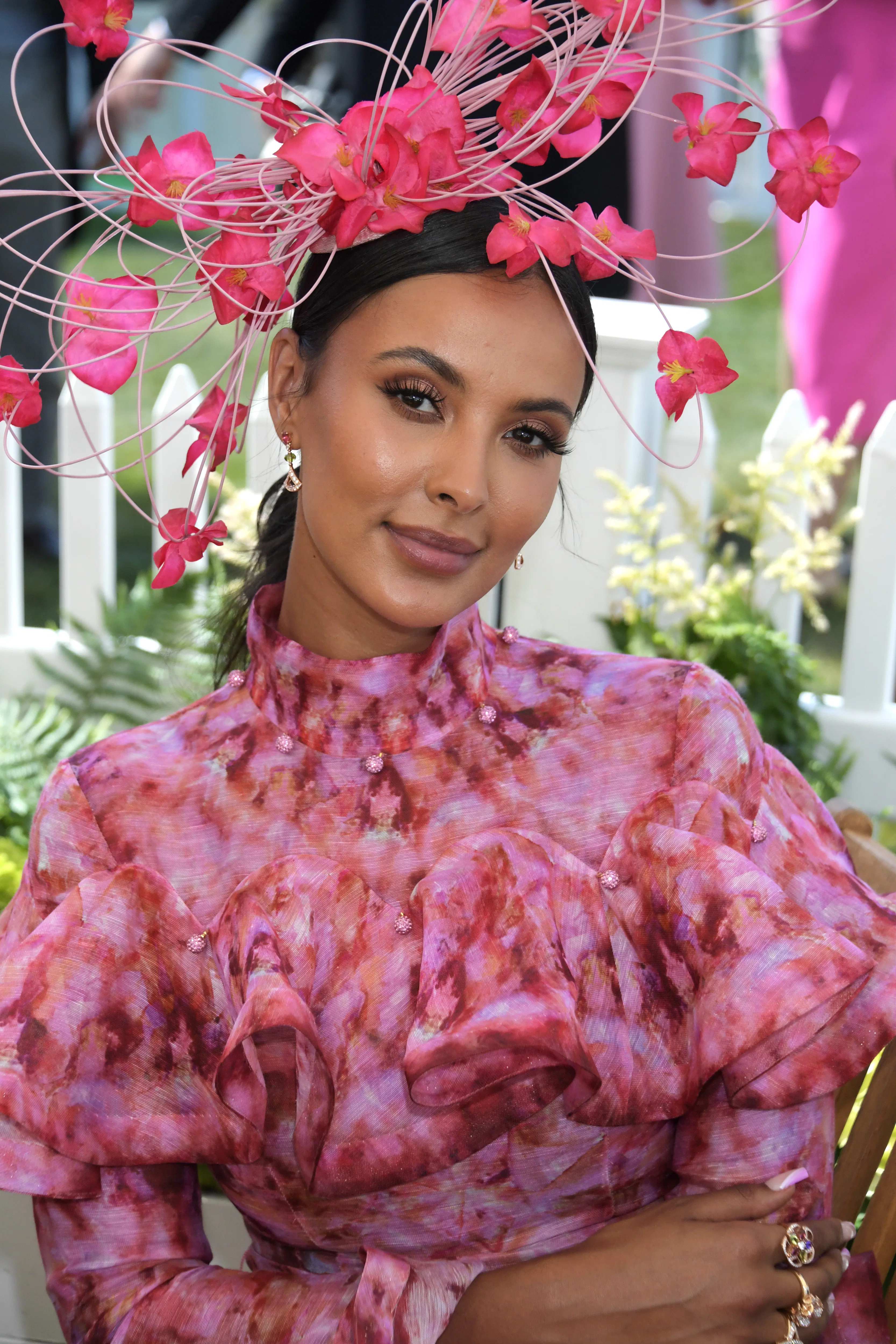 maya jama pink dress Maya Jama heels get caught in her pink gown at Theatre Awards