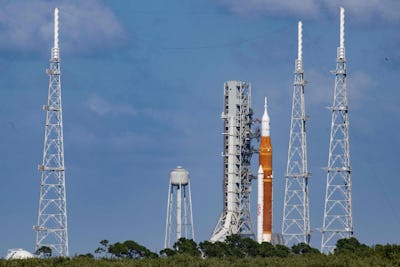 The Artemis I unmanned lunar rocket sits on launch pad 39B at NASA's Kennedy Space Center in Cape Ca...