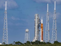 The Artemis I unmanned lunar rocket sits on launch pad 39B at NASA's Kennedy Space Center in Cape Ca...